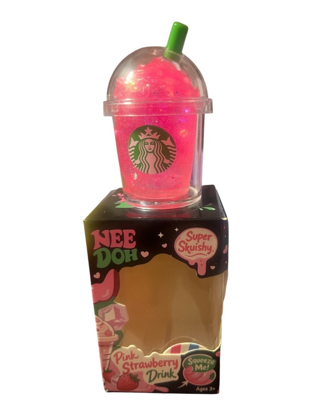 Starbucks Pink Glitter Strawberry Slushy Toy with Green Straw